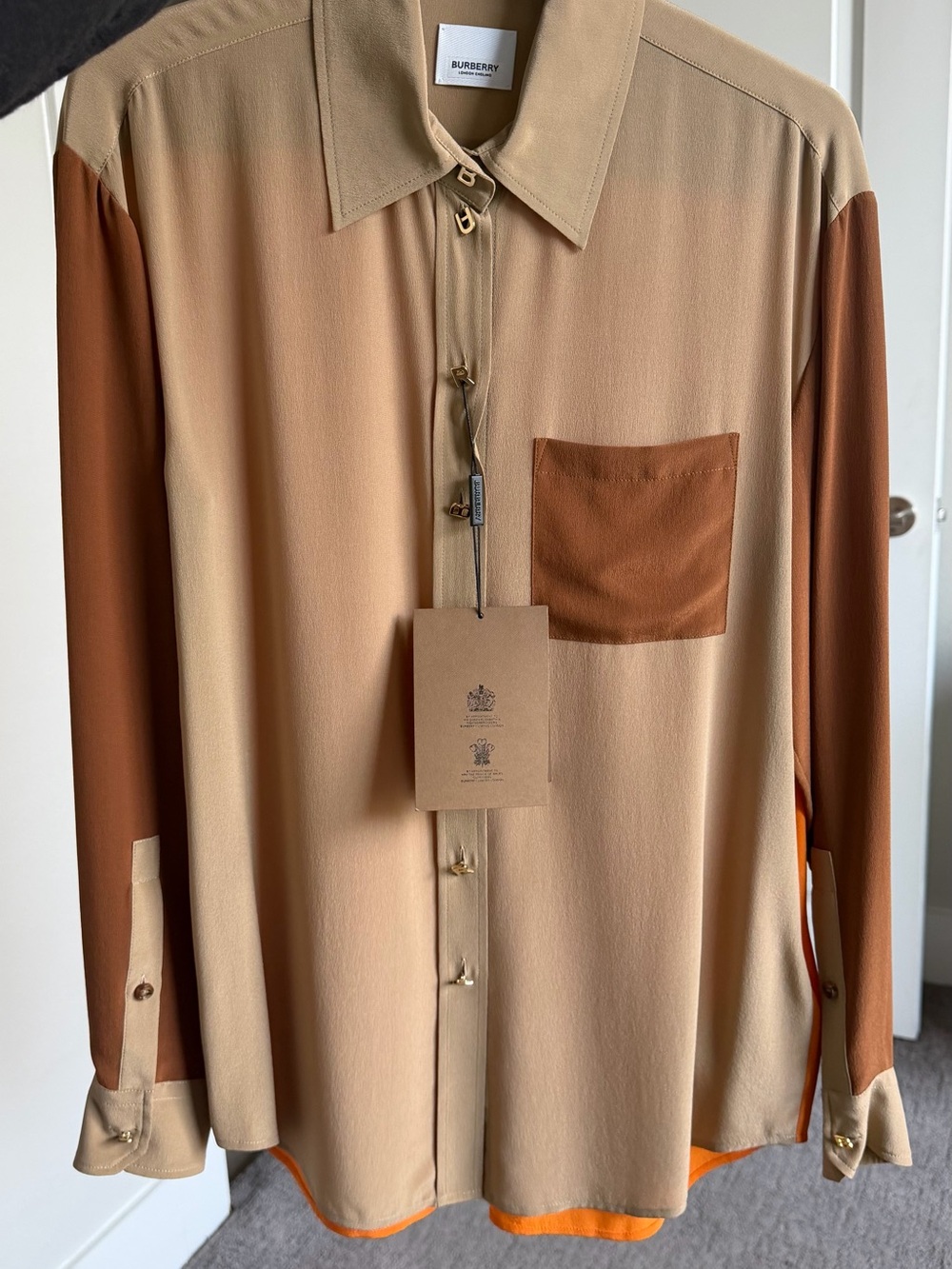 NWT Burberry Colorblock Silk Button Front Blouse Camel Orange Brown Size 4